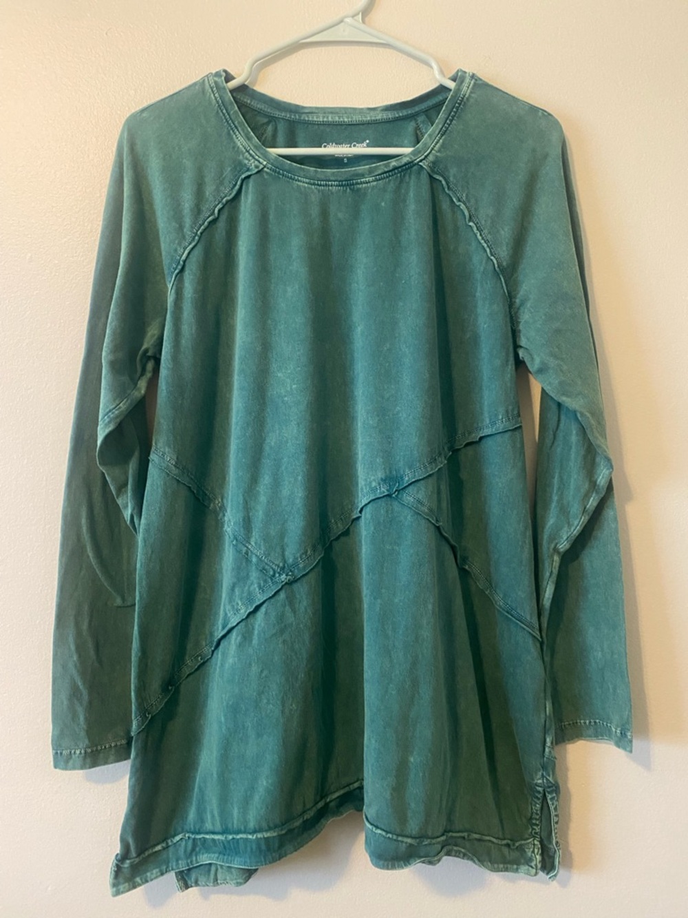 Coldwater Creek Vintage-Wash Seamed Tunic S Teal 23868 Asymmetric Raw Edge